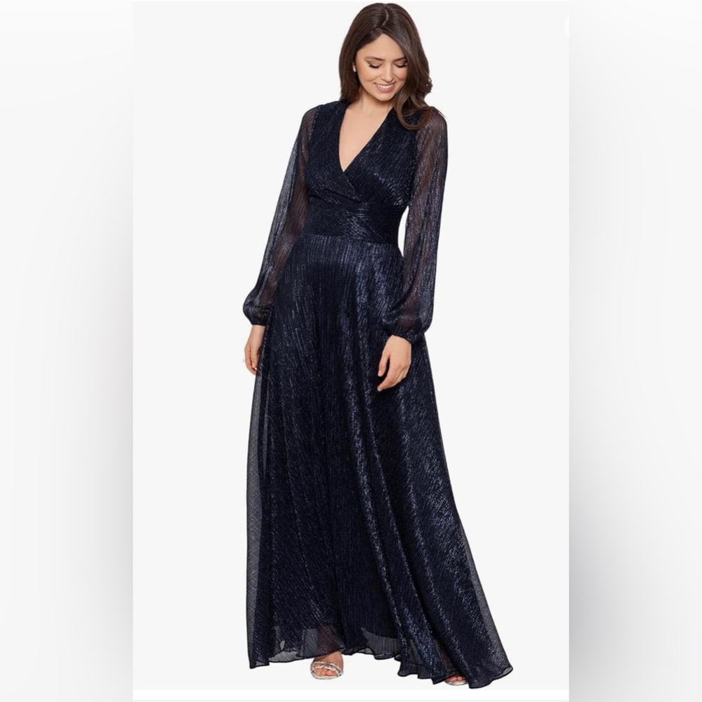 betsy and adam long sleeve v neck wrap dress Metallic (navy/royal) $288